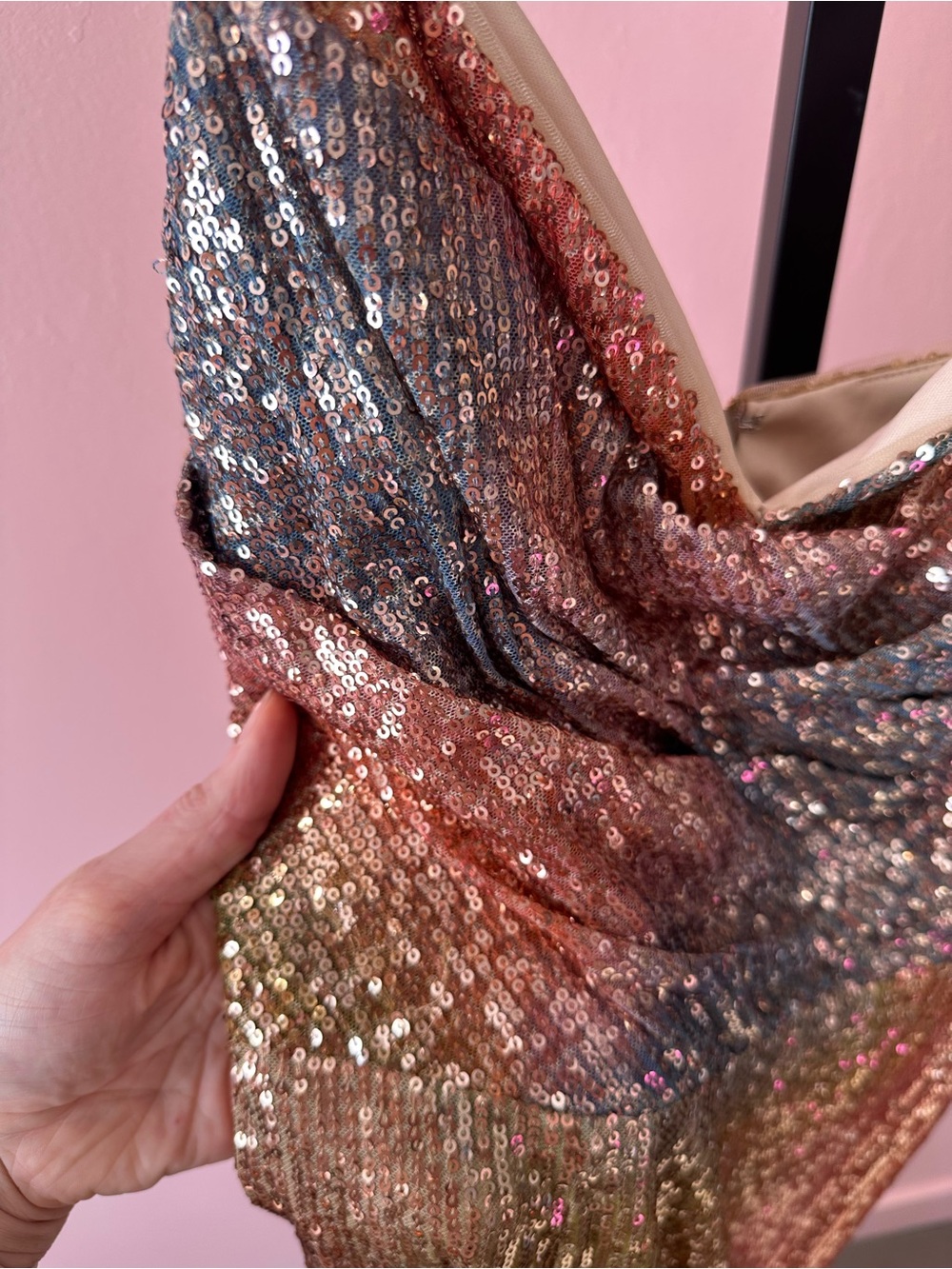 Theia Brynn Daydream Pastel Rainbow Sequin Cowl Neck Maxi Dress - Picture 5 of 7